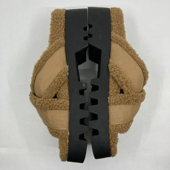 Pretty Little Thing Tan Teddy Cross Over Strap Back Chunky Cleated Sole Sandals - Picture 8 of 10